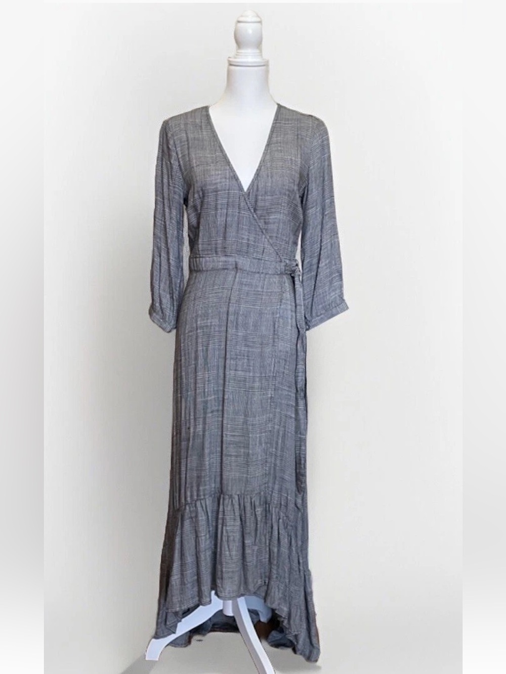 Lovestitch Plaid Wrap Maxi Dress Womens Sz S Hi Low Black & White Boho Chic NWT